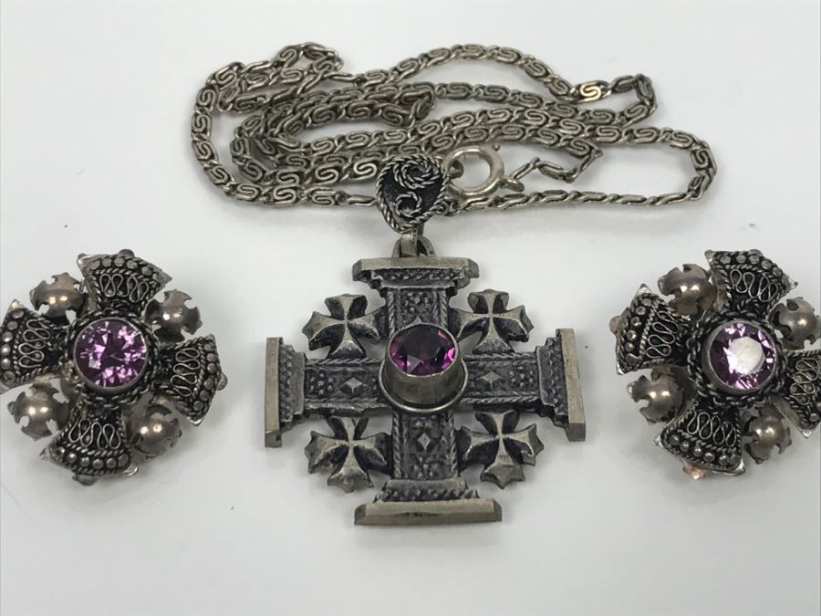 Sterling Silver Jewelry Set With Jerusalem Cross Pendant With Chain And Matching Clip Earrings Purple Stones 28.3g [Photo 3]