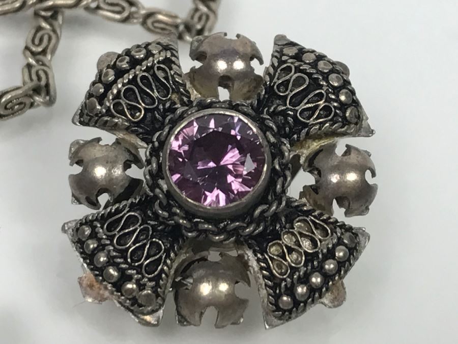 Sterling Silver Jewelry Set With Jerusalem Cross Pendant With Chain And Matching Clip Earrings Purple Stones 28.3g [Photo 9]