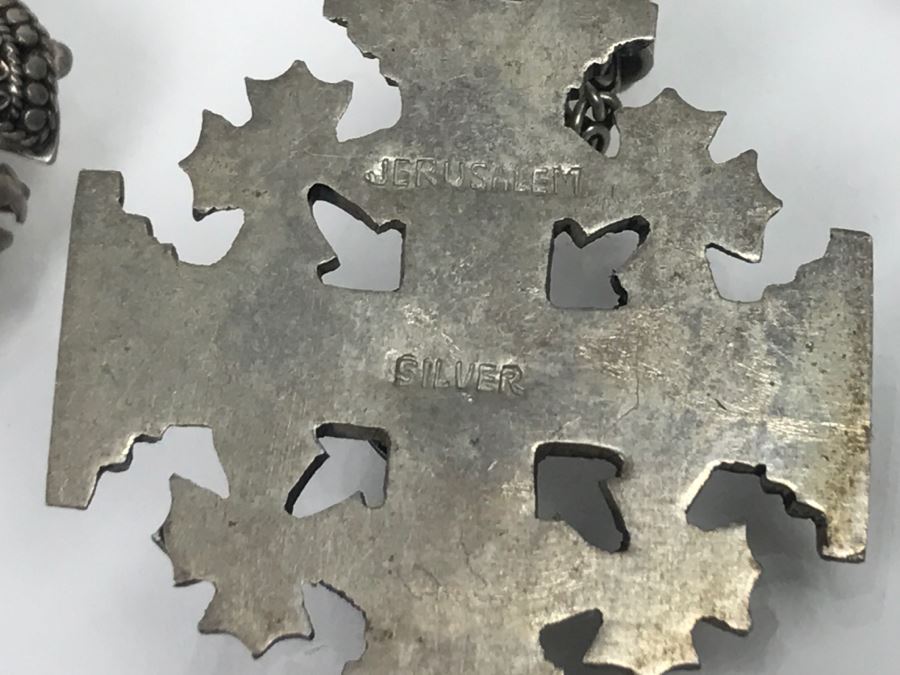 Sterling Silver Jewelry Set With Jerusalem Cross Pendant With Chain And Matching Clip Earrings Purple Stones 28.3g [Photo 5]