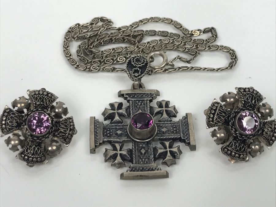 Sterling Silver Jewelry Set With Jerusalem Cross Pendant With Chain And Matching Clip Earrings Purple Stones 28.3g [Photo 2]