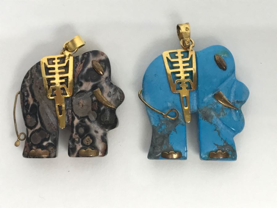 Pair Of Carved Stone Elephant Pendants