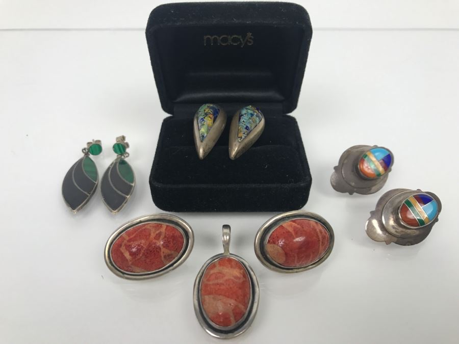 Set Of (4) Sterling Silver Stone Inlay Earrings With Sterling Silver Pendant 38g [Photo 3]