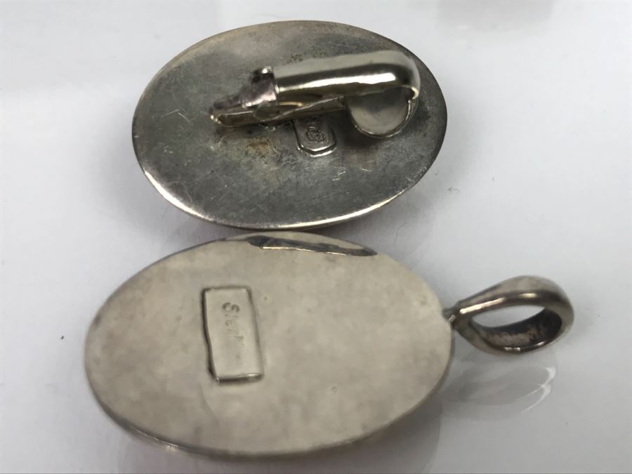 Set Of (4) Sterling Silver Stone Inlay Earrings With Sterling Silver Pendant 38g [Photo 10]