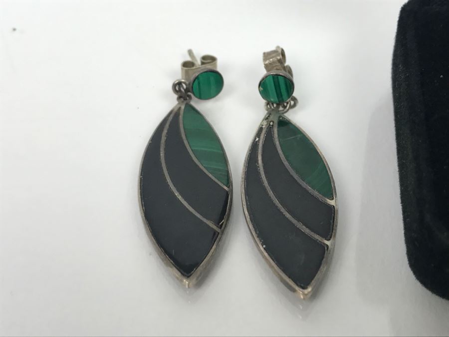 Set Of (4) Sterling Silver Stone Inlay Earrings With Sterling Silver Pendant 38g [Photo 7]