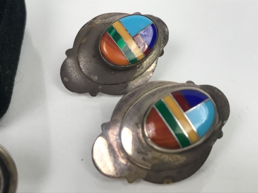 Set Of (4) Sterling Silver Stone Inlay Earrings With Sterling Silver Pendant 38g [Photo 9]