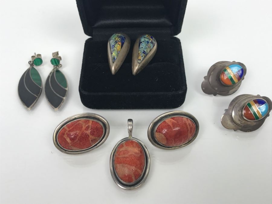Set Of (4) Sterling Silver Stone Inlay Earrings With Sterling Silver Pendant 38g