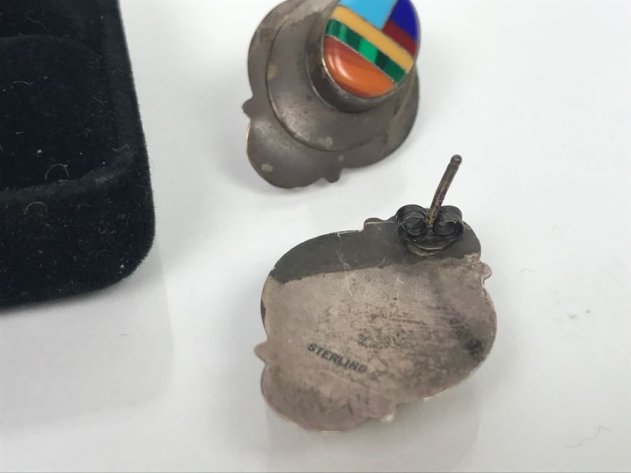 Set Of (4) Sterling Silver Stone Inlay Earrings With Sterling Silver Pendant 38g [Photo 11]