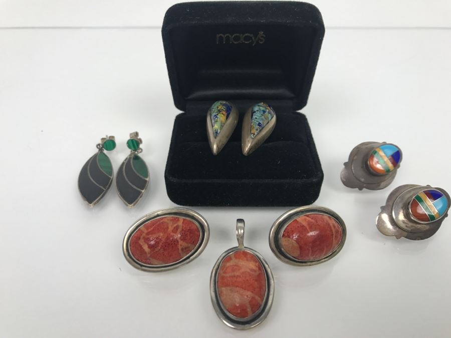 Set Of (4) Sterling Silver Stone Inlay Earrings With Sterling Silver Pendant 38g [Photo 2]