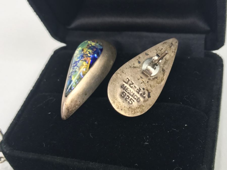 Set Of (4) Sterling Silver Stone Inlay Earrings With Sterling Silver Pendant 38g [Photo 12]