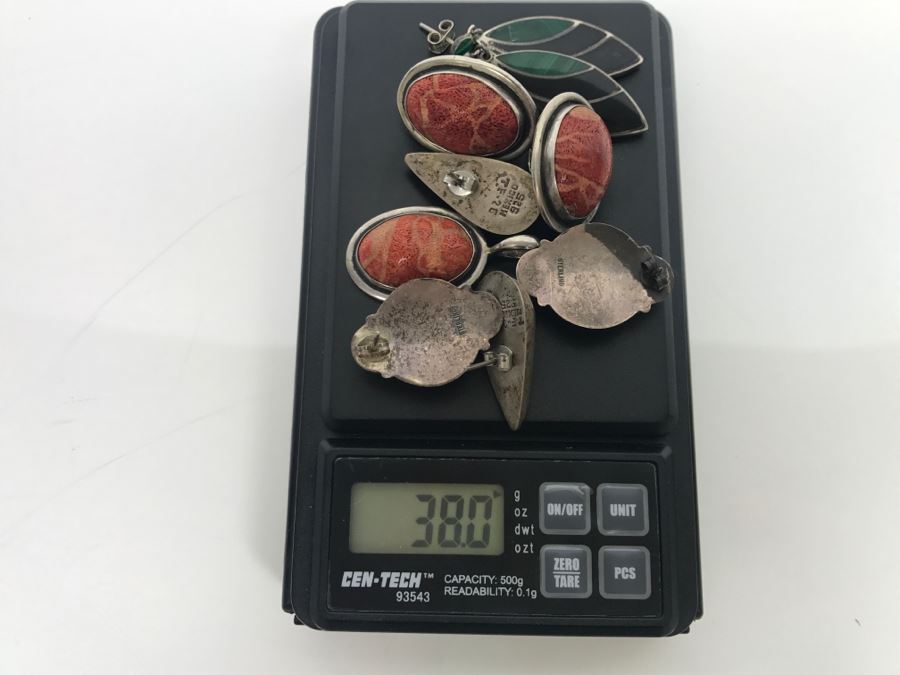 Set Of (4) Sterling Silver Stone Inlay Earrings With Sterling Silver Pendant 38g [Photo 13]