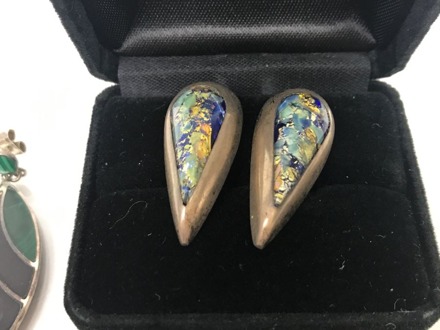 Set Of (4) Sterling Silver Stone Inlay Earrings With Sterling Silver Pendant 38g [Photo 4]