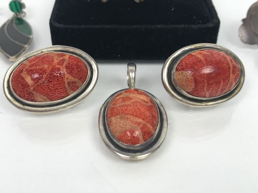 Set Of (4) Sterling Silver Stone Inlay Earrings With Sterling Silver Pendant 38g [Photo 6]