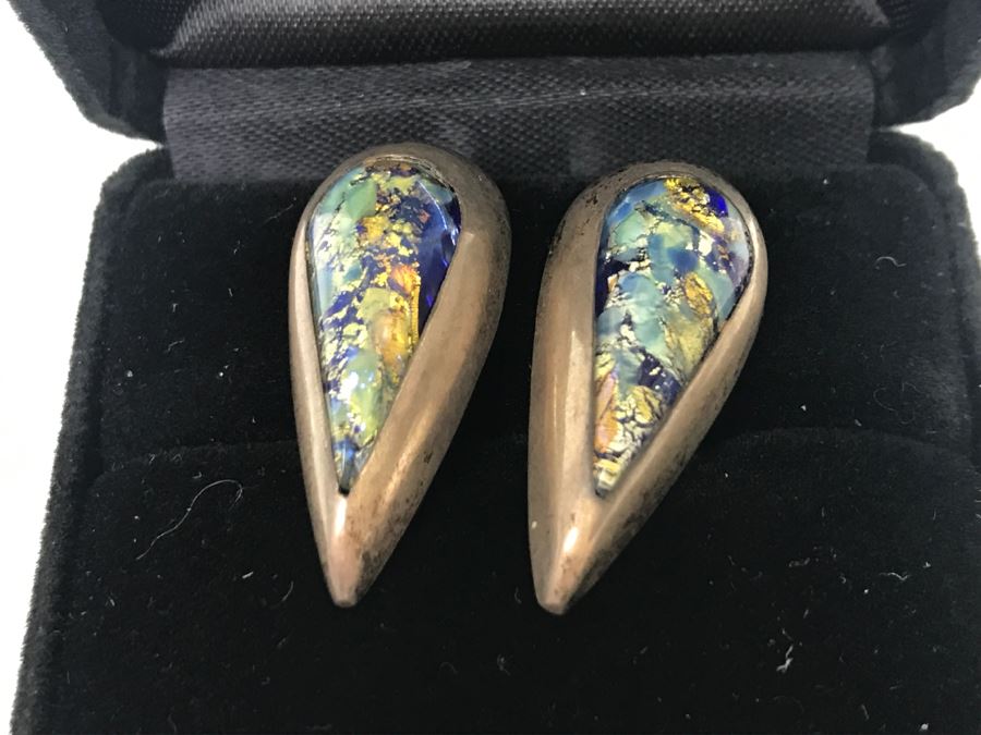 Set Of (4) Sterling Silver Stone Inlay Earrings With Sterling Silver Pendant 38g [Photo 5]