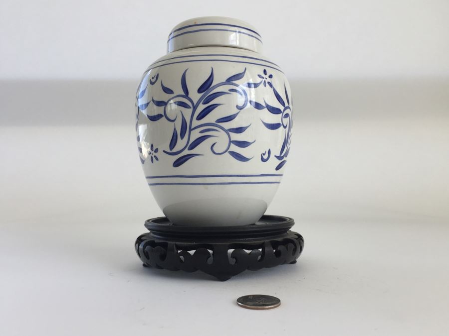 Radford England Hand Painted Blue And White Ginger Jar With Wooden Stand [Photo 1]