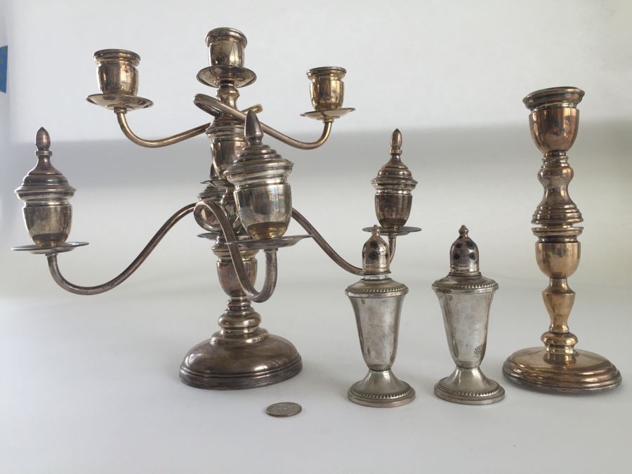 Sterling Silver 950 Candelabra (Needs Repair), Weighted Sterling Salt & Pepper Shakers And Weighted Sterling Candle Holder [Photo 1]