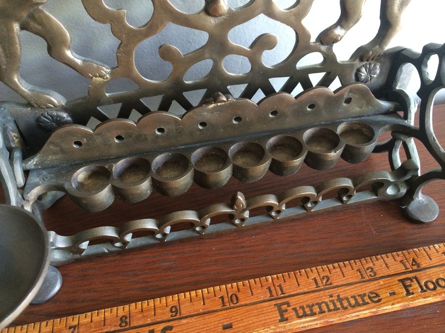  Vintage Brass Chanukah Menorah Candle Holder Lions Of Judah (Heavy) [Photo 2]
