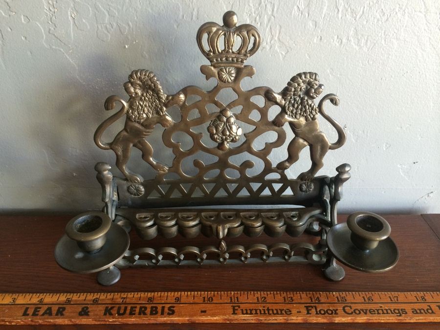  Vintage Brass Chanukah Menorah Candle Holder Lions Of Judah (Heavy) [Photo 5]