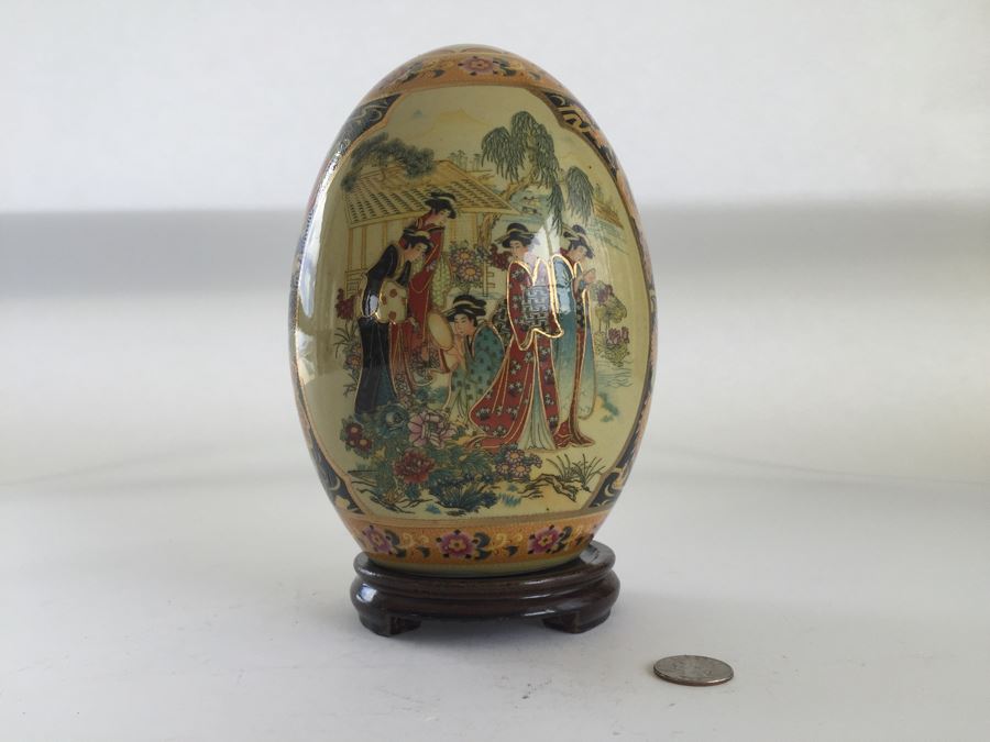 Large Hand Painted Japanese Egg With Wooden Stand
