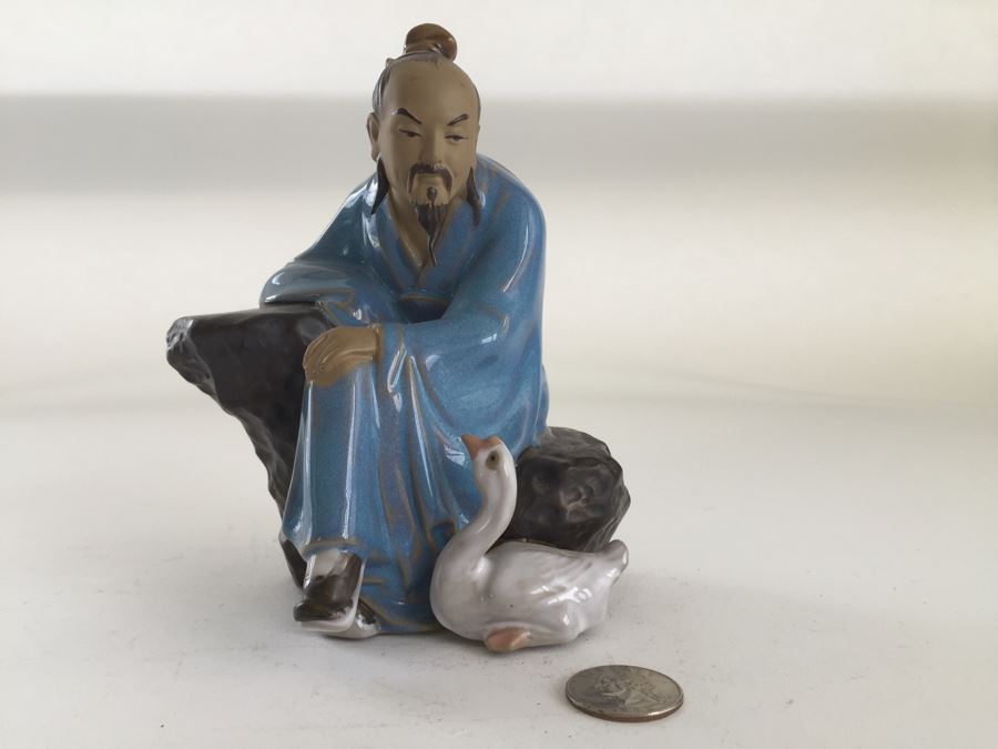 Chinese Figurine Doll Statue Man With Swan Glazed Pottery [Photo 1]