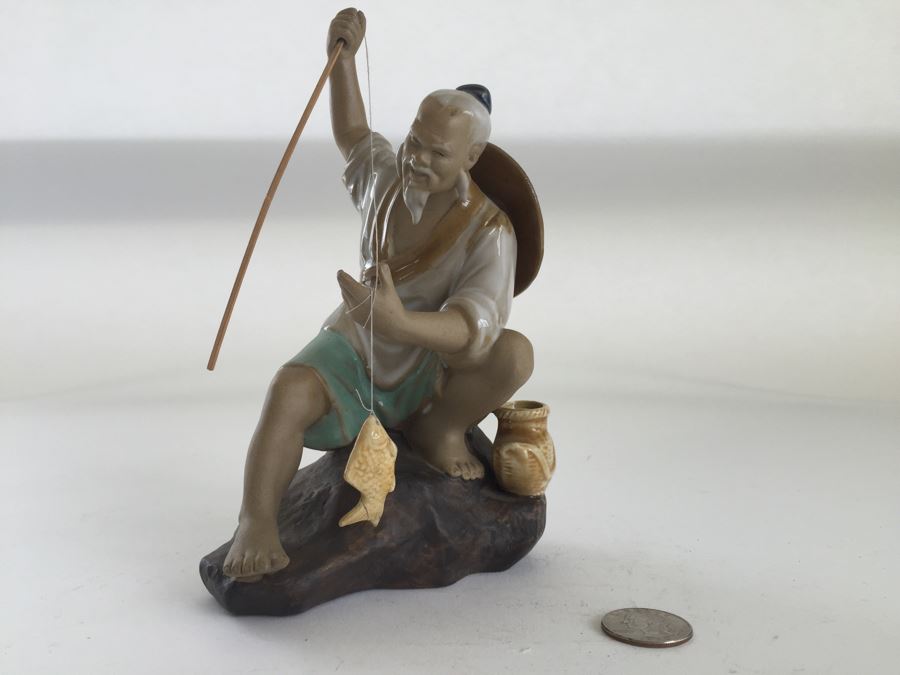 Chinese Fisherman Figurine Doll Statue Glazed Pottery