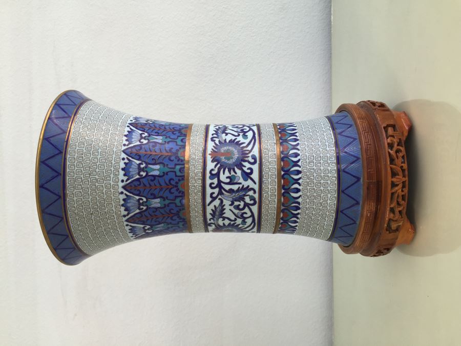 Impressive Signed Zi Jin Cheng Chinese Cloisonne Vase With Wooden Stand Mid-Century [Photo 6]