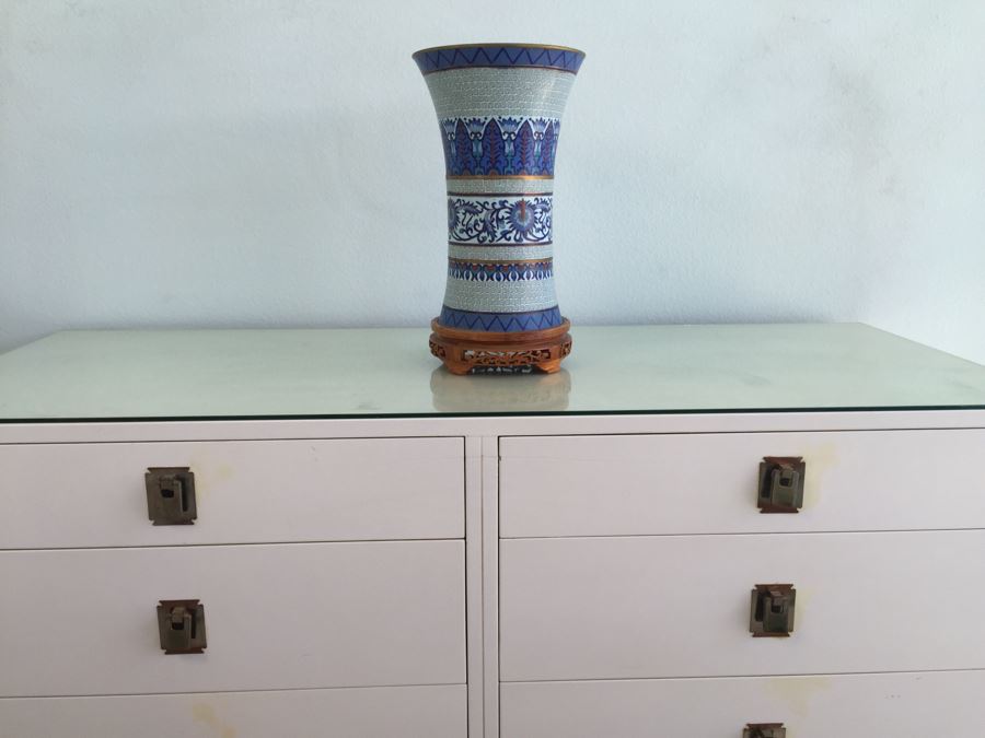 Impressive Signed Zi Jin Cheng Chinese Cloisonne Vase With Wooden Stand Mid-Century [Photo 2]