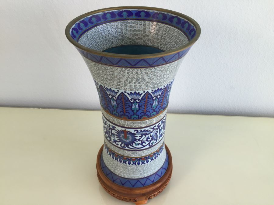 Impressive Signed Zi Jin Cheng Chinese Cloisonne Vase With Wooden Stand Mid-Century [Photo 4]