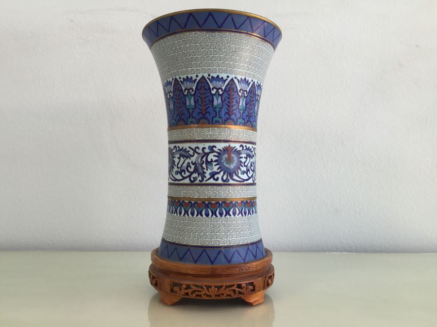 Impressive Signed Zi Jin Cheng Chinese Cloisonne Vase With Wooden Stand Mid-Century [Photo 1]
