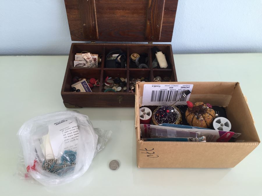 Vintage Wooden Box With Sewing Supplies, Pin Cushions, Buttons