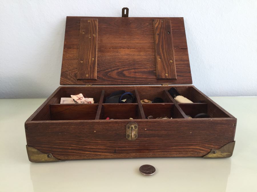 Vintage Wooden Box With Sewing Supplies, Pin Cushions, Buttons [Photo 8]