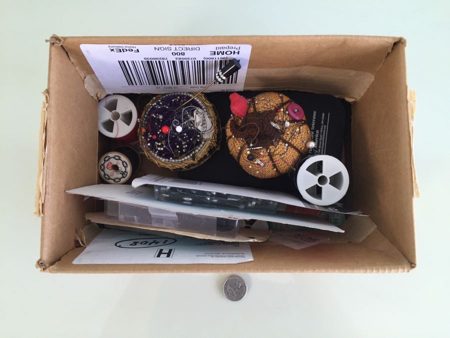 Vintage Wooden Box With Sewing Supplies, Pin Cushions, Buttons [Photo 10]