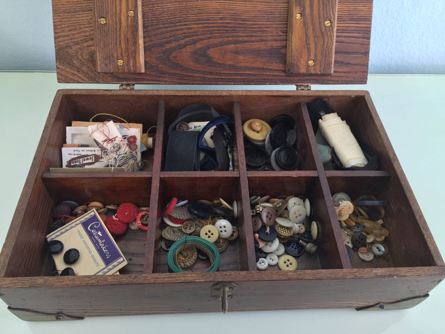 Vintage Wooden Box With Sewing Supplies, Pin Cushions, Buttons [Photo 3]