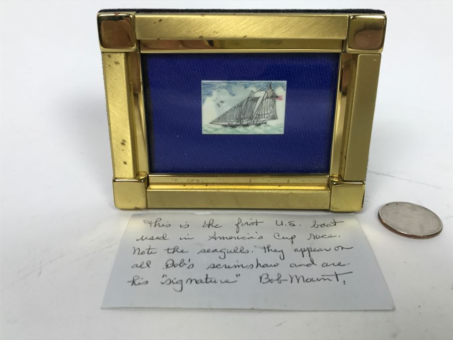 Nautical Scrimshaw By Robert Bob Mount Of First U.S. Boat In America's Cup In Brass Frame [Photo 2]
