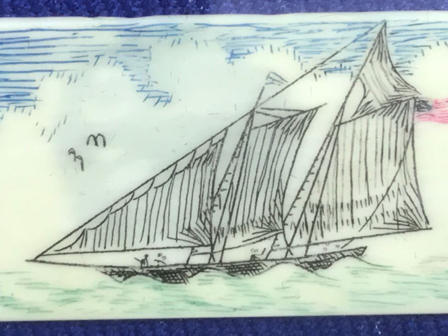 Nautical Scrimshaw By Robert Bob Mount Of First U.S. Boat In America's Cup In Brass Frame [Photo 5]