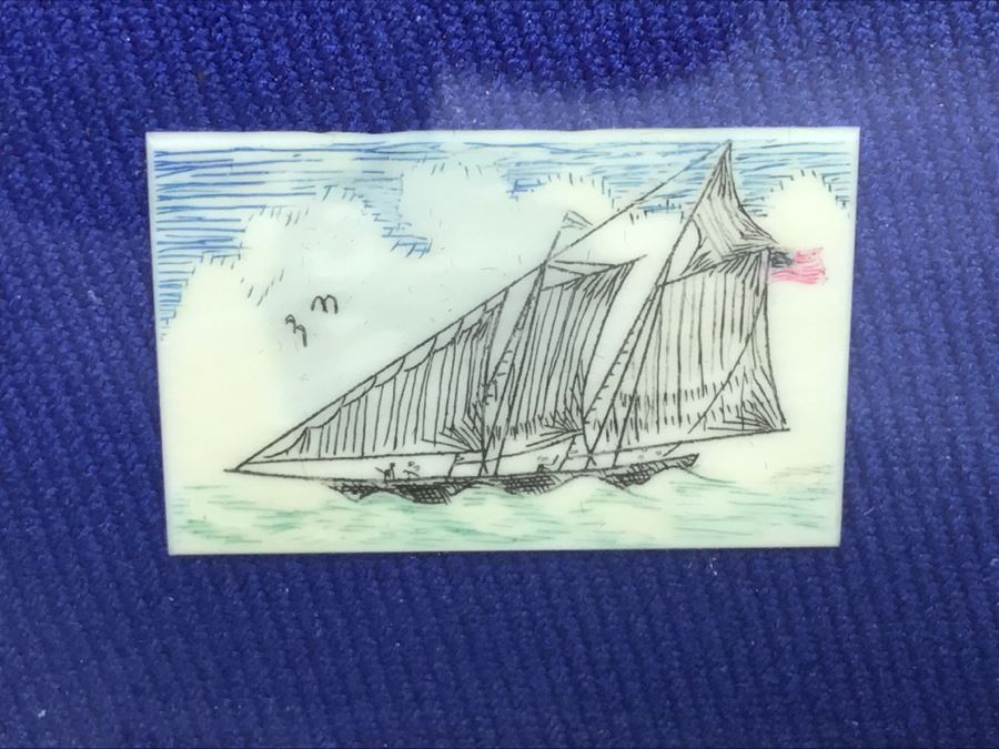 Nautical Scrimshaw By Robert Bob Mount Of First U.S. Boat In America's Cup In Brass Frame [Photo 3]
