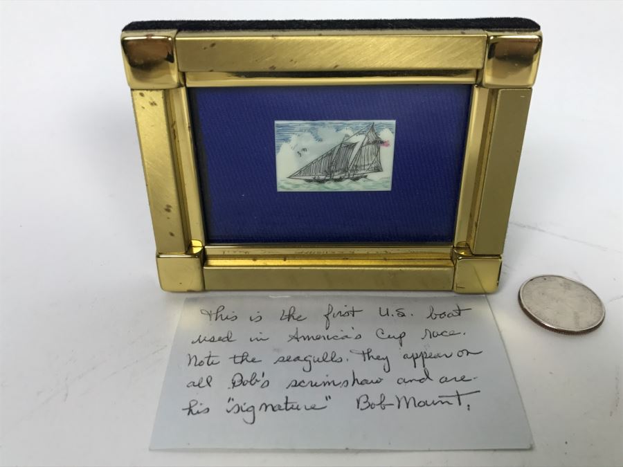 Nautical Scrimshaw By Robert Bob Mount Of First U.S. Boat In America's Cup In Brass Frame [Photo 1]
