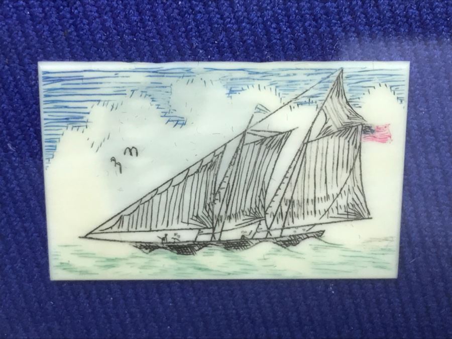 Nautical Scrimshaw By Robert Bob Mount Of First U.S. Boat In America's Cup In Brass Frame [Photo 4]
