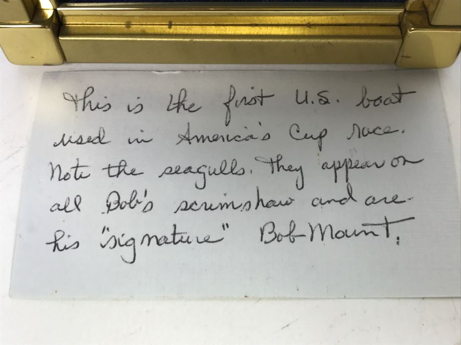 Nautical Scrimshaw By Robert Bob Mount Of First U.S. Boat In America's Cup In Brass Frame [Photo 6]