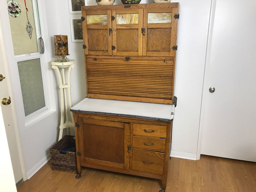 Antique Hoosier Cabinet Auto-Front With Sliding Porcelain Top And Brown Marbelized Glass Patented 1914 [Photo 16]