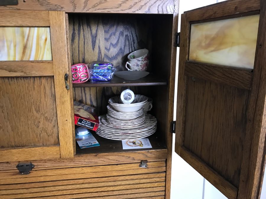Antique Hoosier Cabinet Auto-Front With Sliding Porcelain Top And Brown Marbelized Glass Patented 1914 [Photo 15]
