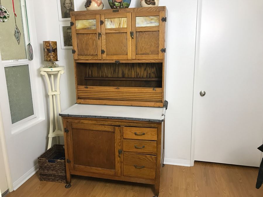 Antique Hoosier Cabinet Auto-Front With Sliding Porcelain Top And Brown Marbelized Glass Patented 1914 [Photo 4]