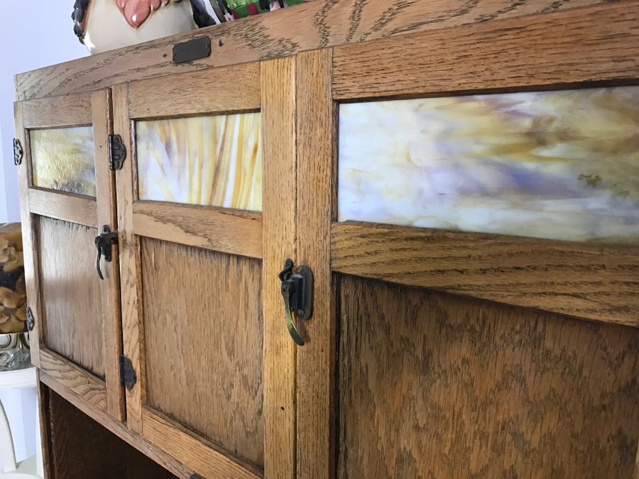 Antique Hoosier Cabinet Auto-Front With Sliding Porcelain Top And Brown Marbelized Glass Patented 1914 [Photo 11]