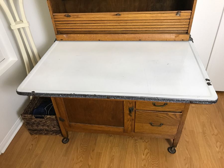 Antique Hoosier Cabinet Auto-Front With Sliding Porcelain Top And Brown Marbelized Glass Patented 1914 [Photo 8]