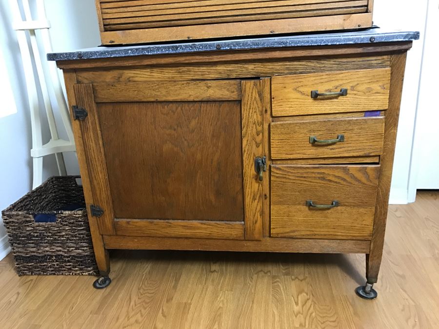 Antique Hoosier AutoFront With Sliding Porcelain Top And Brown