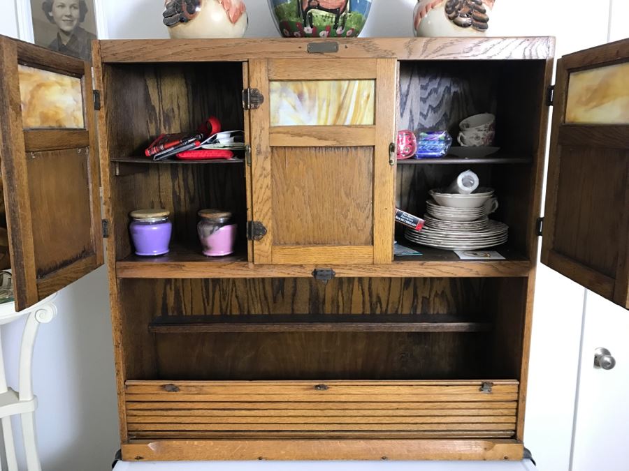 Antique Hoosier Cabinet Auto-Front With Sliding Porcelain Top And Brown Marbelized Glass Patented 1914 [Photo 3]