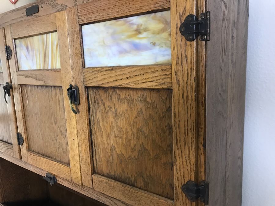 Antique Hoosier Cabinet Auto-Front With Sliding Porcelain Top And Brown Marbelized Glass Patented 1914 [Photo 12]