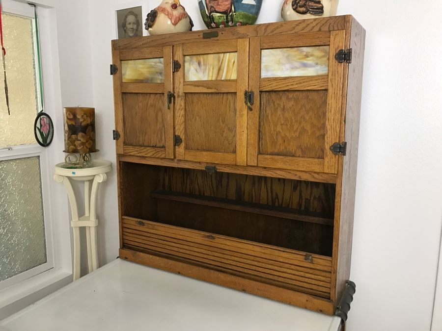 Antique Hoosier Cabinet Auto-Front With Sliding Porcelain Top And Brown Marbelized Glass Patented 1914 [Photo 10]
