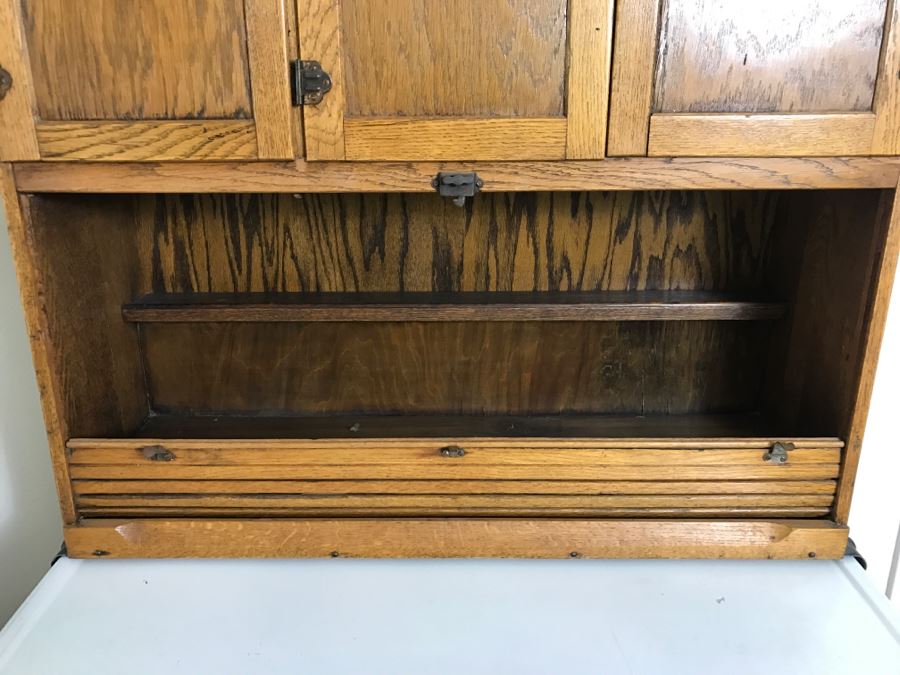 Antique Hoosier Cabinet Auto-Front With Sliding Porcelain Top And Brown Marbelized Glass Patented 1914 [Photo 18]