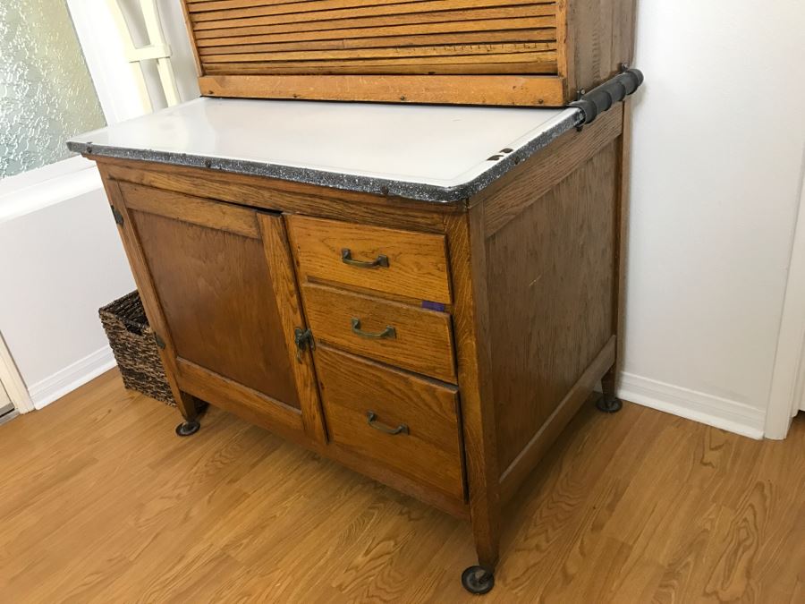 Antique Hoosier AutoFront With Sliding Porcelain Top And Brown