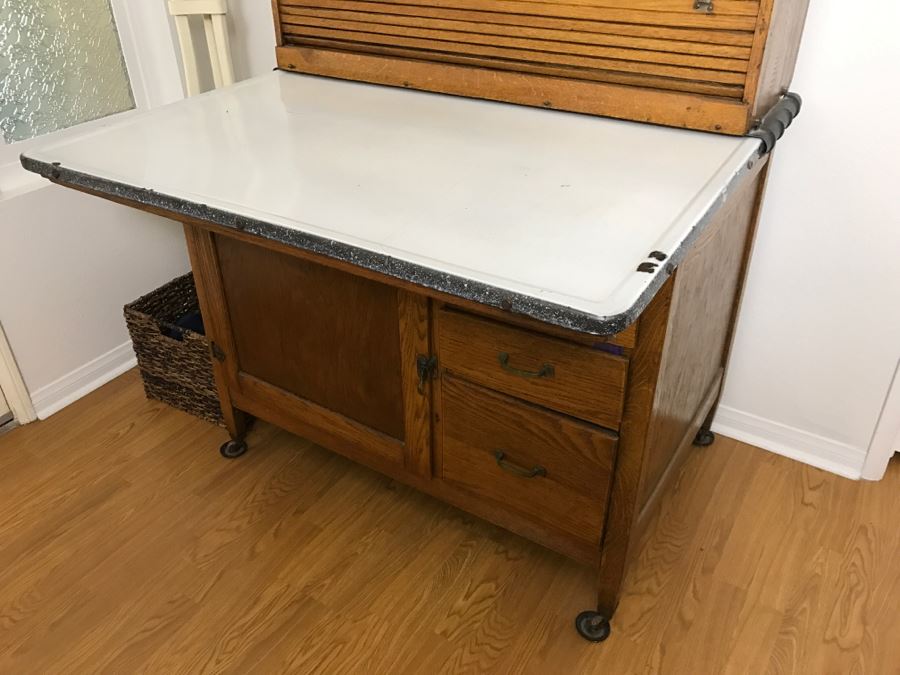 Antique Hoosier Cabinet Auto-Front With Sliding Porcelain Top And Brown Marbelized Glass Patented 1914 [Photo 9]